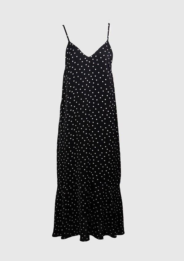 Dropped-Hem Maxi Camisole Dress in Black Dot