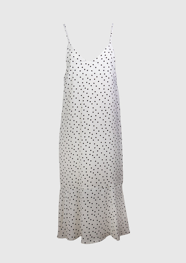 Dropped-Hem Maxi Camisole Dress in White Dot