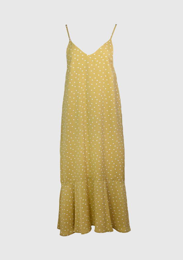 Dropped-Hem Maxi Camisole Dress in Yellow Dot