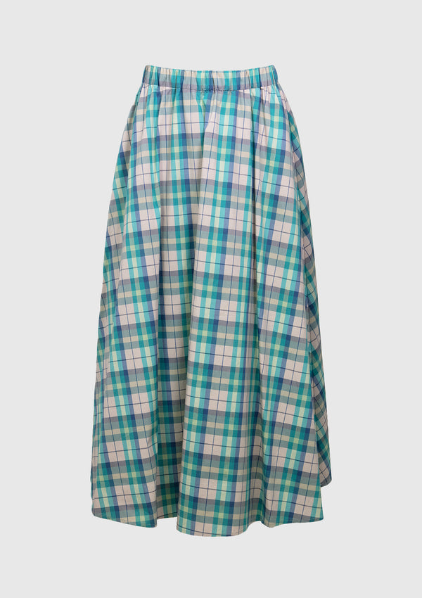Plaid Flare Maxi Skirt with Elastic Waist in Green