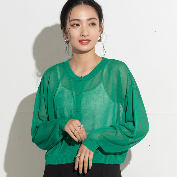 Round-Neck Sheer Knit Cardigan in Green