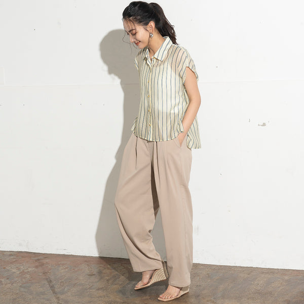 High-Waisted Pleat-Front Straight-Leg Pants in Beige