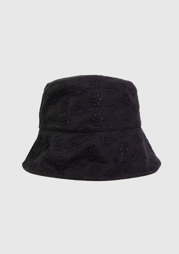 Cotton Eyelet Embroidery Bucket Hat in Black