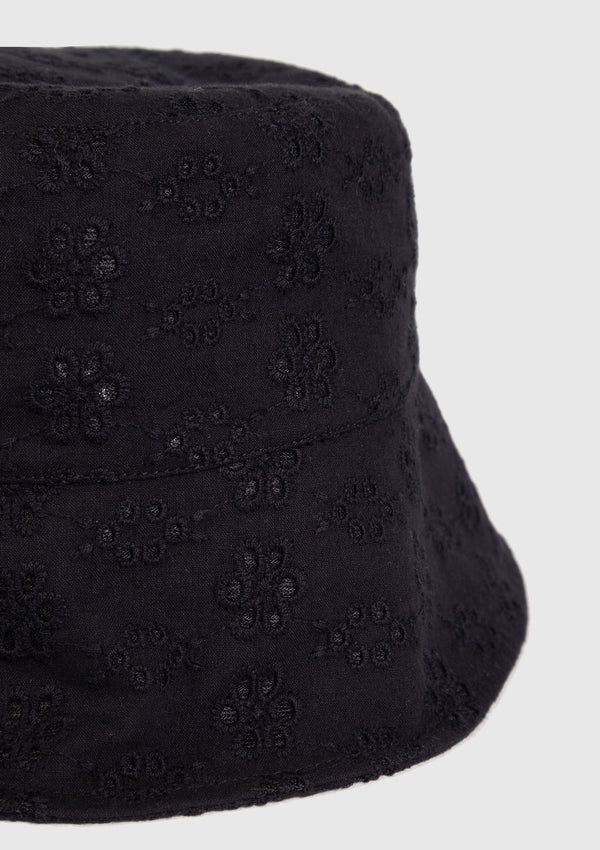 Cotton Eyelet Embroidery Bucket Hat in Black