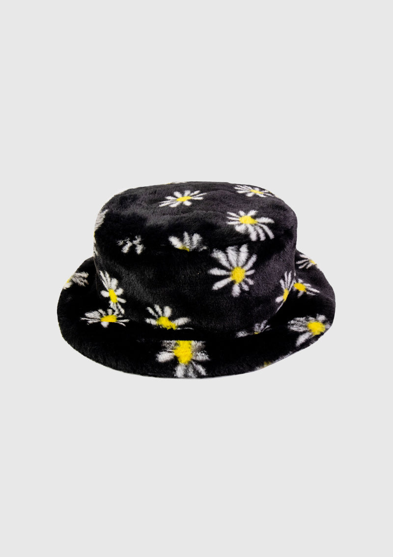 Faux Fur Floral Bucket Hat in Black Multi