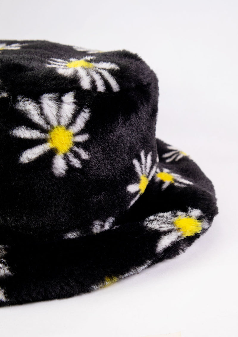Faux Fur Floral Bucket Hat in Black Multi