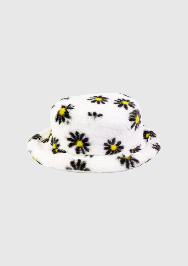 Faux Fur Floral Bucket Hat in White Multi