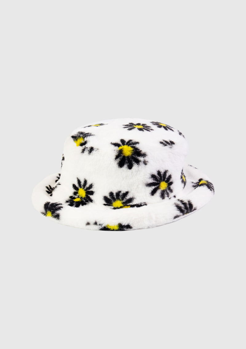 Faux Fur Floral Bucket Hat in White Multi