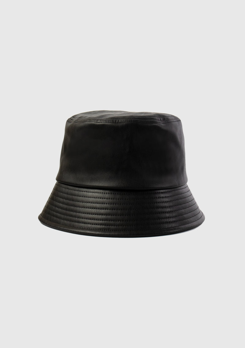 Faux Leather Bucket-Style Hat in Black