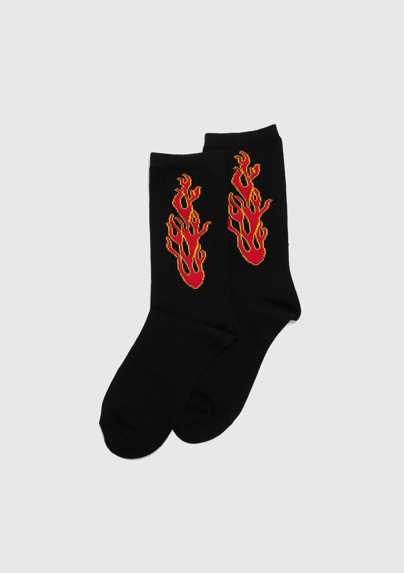 Fire Motif Crew Socks in Black Multi