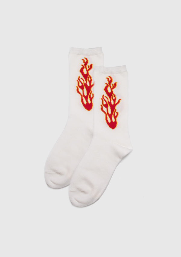 Fire Motif Crew Socks in White Multi