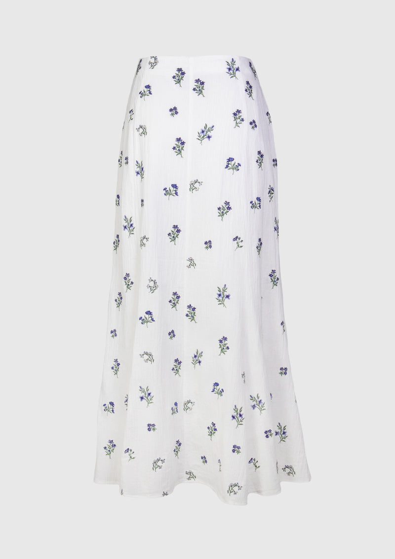Cotton Floral Embroidery Mermaid Skirt in Off White