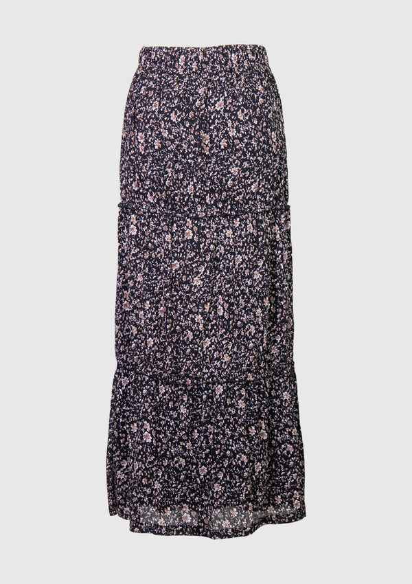 Floral Print Tiered Plisse Skirt in Black Multi
