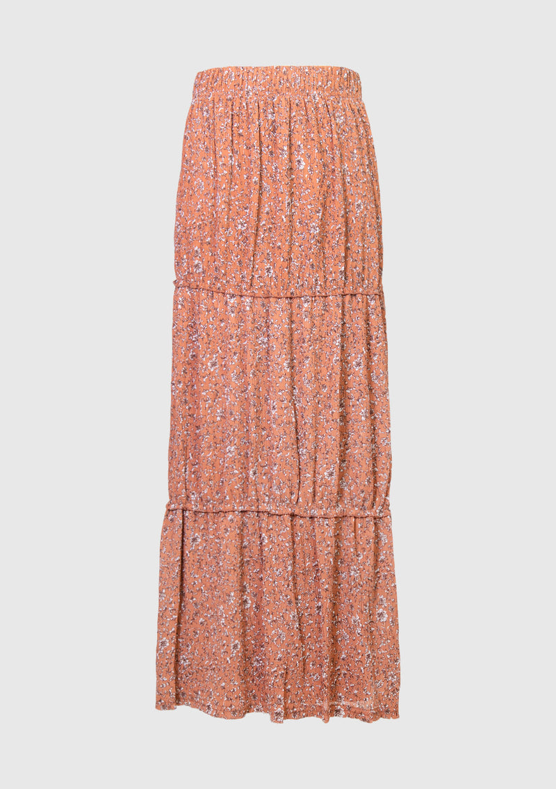 Floral Print Tiered Plisse Skirt in Brown Multi