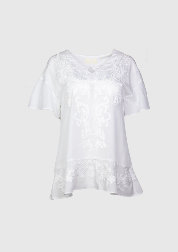 Floral Applique x Broderie Peplum Blouse in White