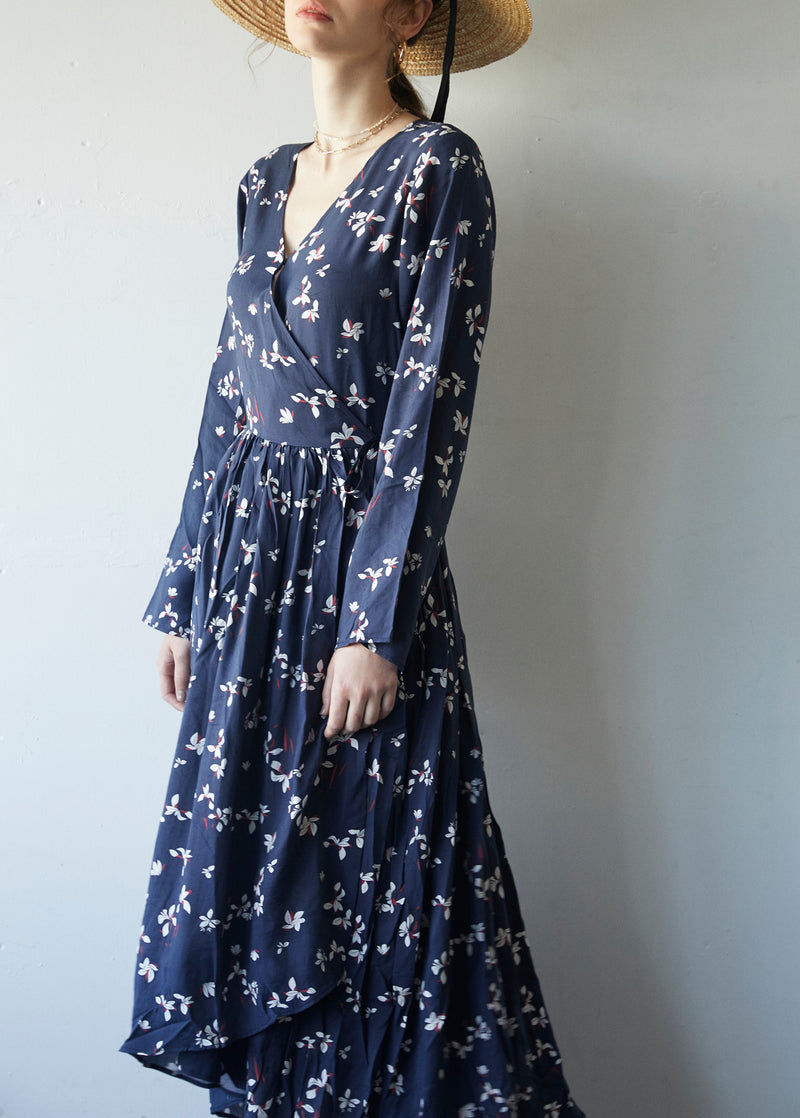 Long-Sleeved Floral Wrap-Style Dress in Navy Multi