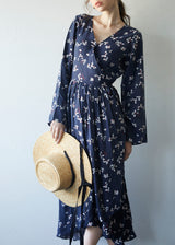 Long-Sleeved Floral Wrap-Style Dress in Navy Multi