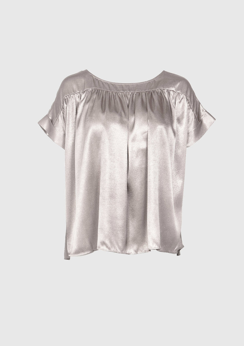 Foil-Satin Round-Neck Gathered Blouse in Silver