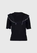 Ruffle-Trimmed Ribbed Tee with Contrast Edging in Black