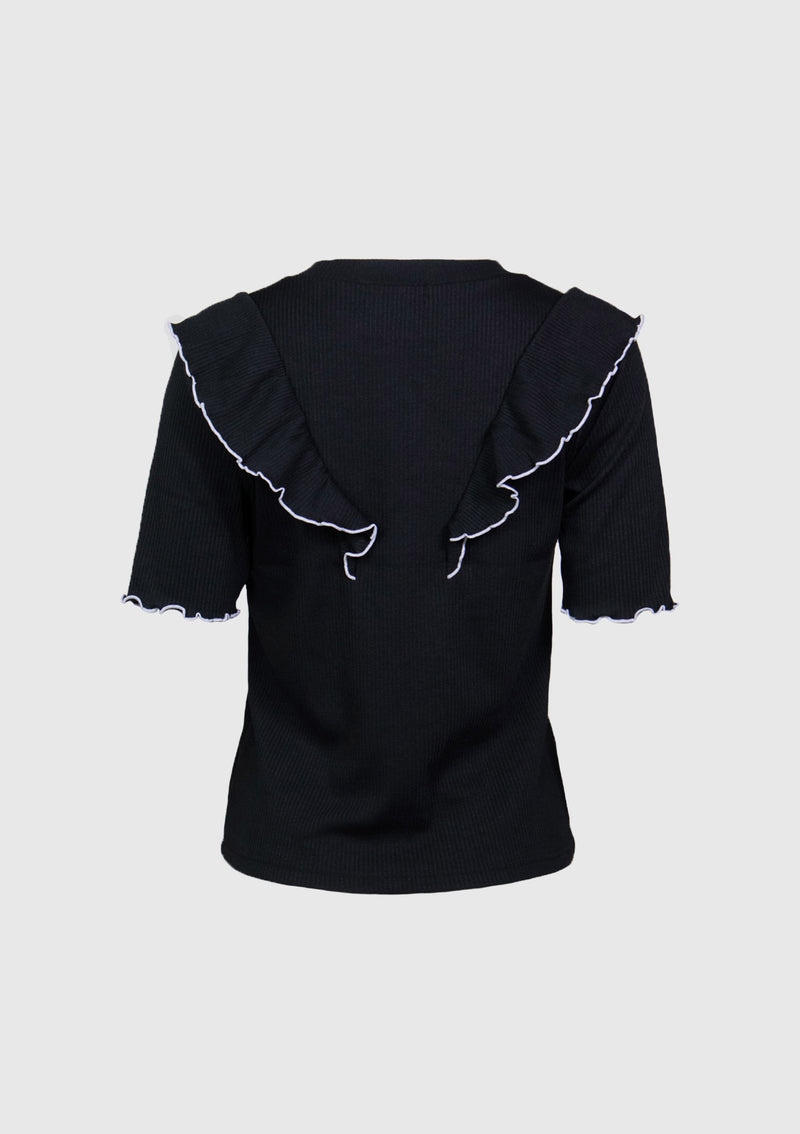 Ruffle-Trimmed Ribbed Tee with Contrast Edging in Black