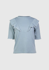 Ruffle-Trimmed Ribbed Tee with Contrast Edging in Light Blue