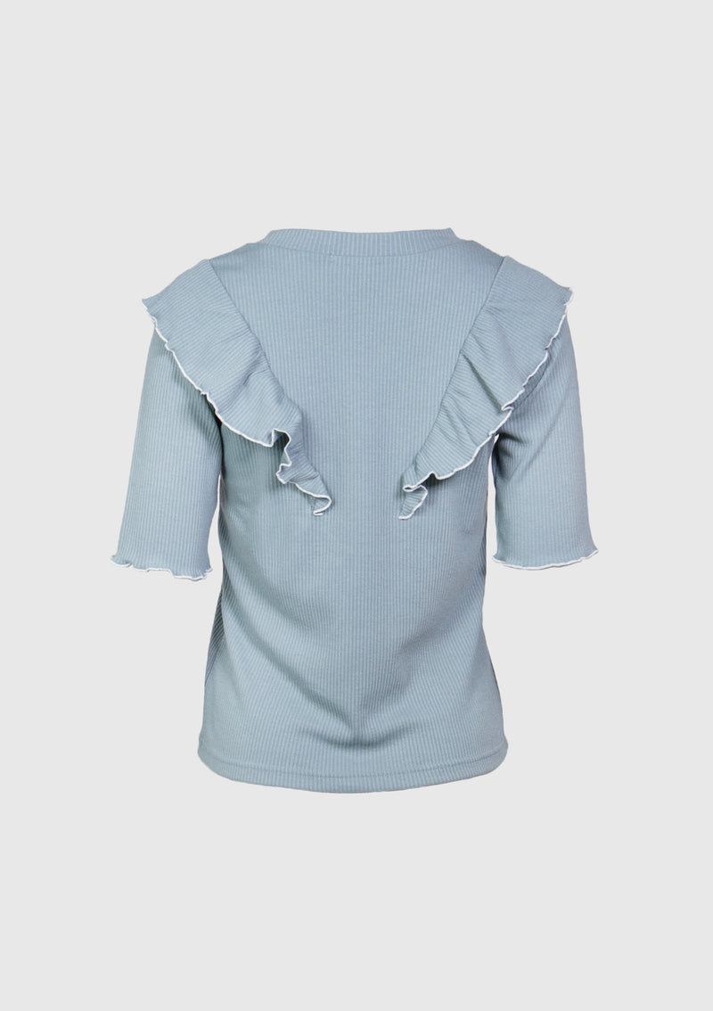 Ruffle-Trimmed Ribbed Tee with Contrast Edging in Light Blue