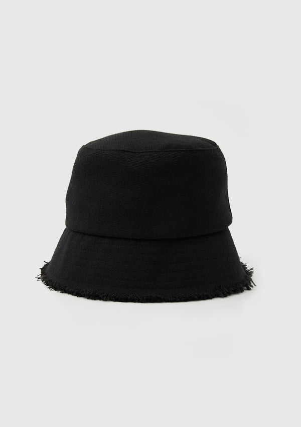 Fringe-Hem Bucket Hat in Black