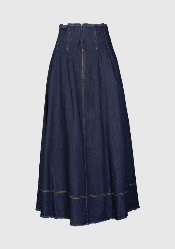 Cotton Dart-Tuck Front-Zip Flare Denim Skirt in Denim Indigo