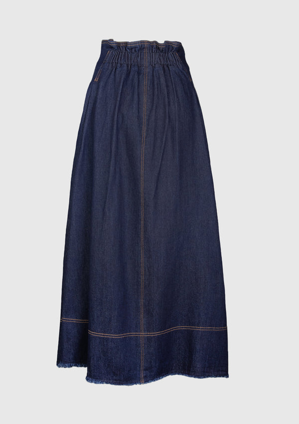 Cotton Dart-Tuck Front-Zip Flare Denim Skirt in Denim Indigo
