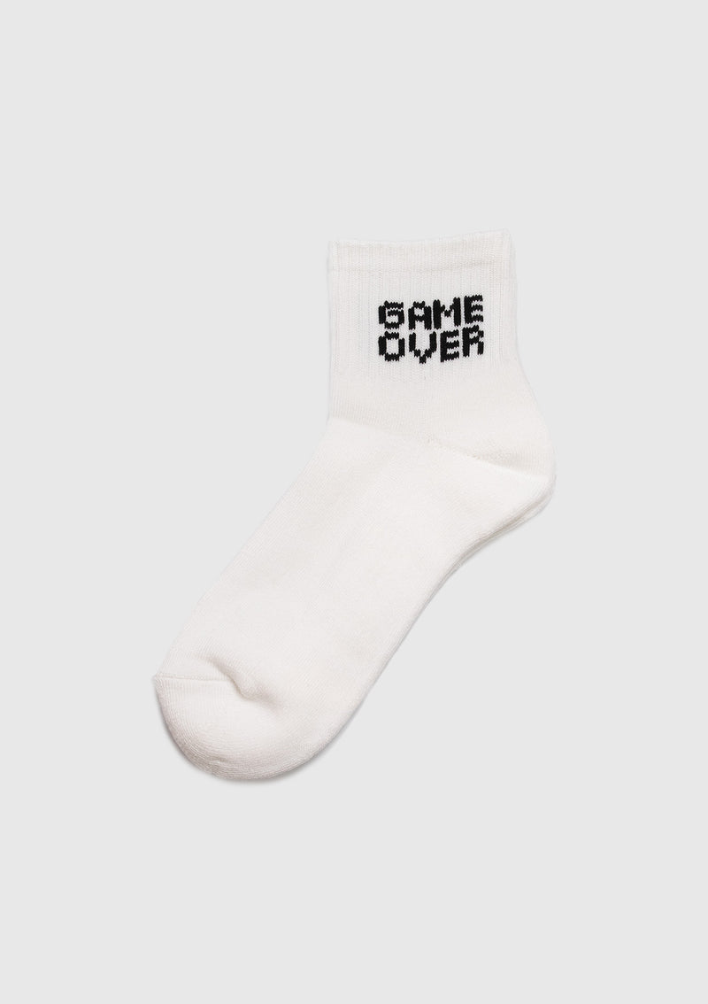 GAME OVER Motif Ribbed Short Socks in White x Game Over