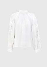 High-Neck Gathered Lace Cocoon Sleeve Blouse in White