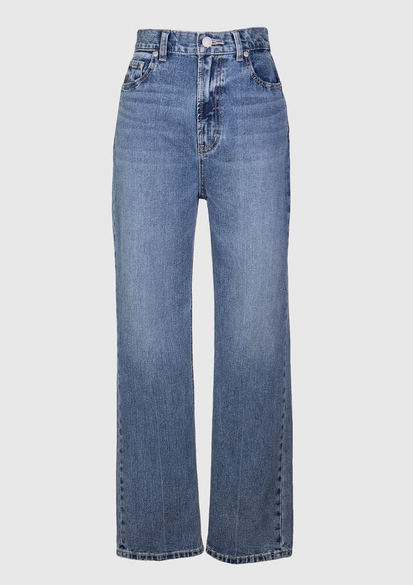 Cotton High-Waisted Tapered Jeans with Center-Pressed Detail in Denim Light Wash