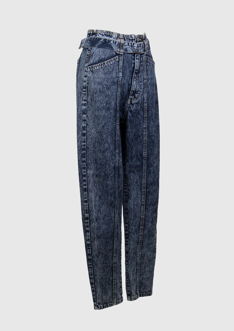 High-Waist Washed Denim Tapered Jeans with Belt in Denim Medium Wash