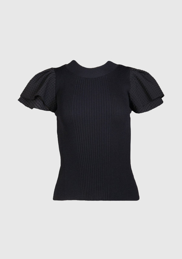 High-Neck Layered Flare Short Sleeve Rib Knit Pullover in Black