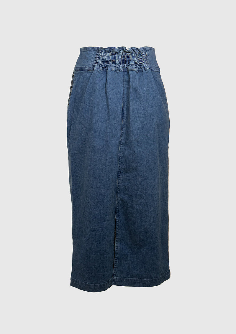 High-Waisted Zip-Front I-Line Denim Skirt in Denim Blue