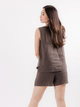 Square-Neck Sleeveless Button Blouse in Brown