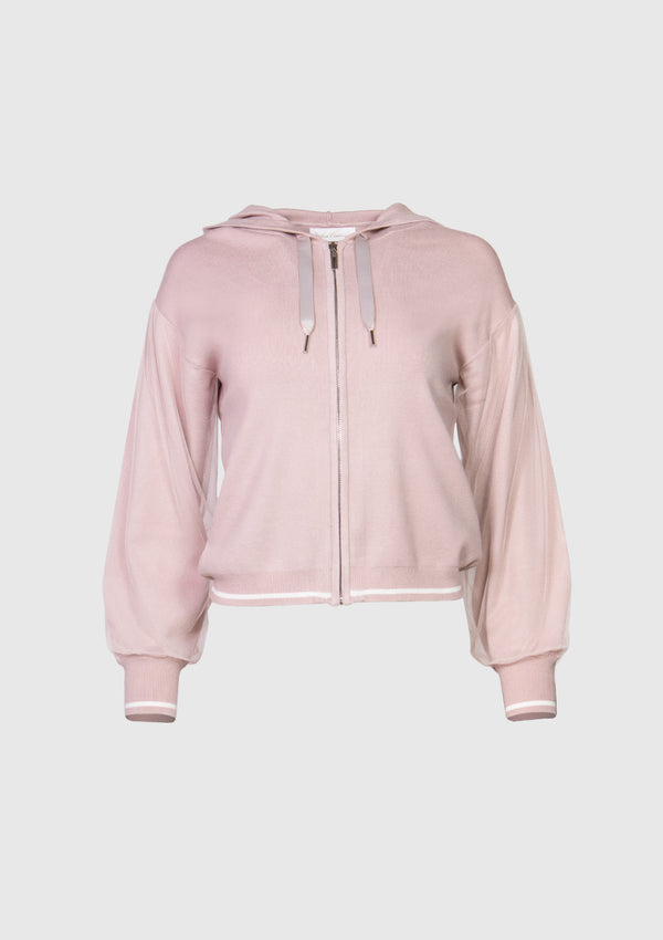 Rib-Trimmed Hoodie with Tulle Sleeves in Pink - LUMINE SINGAPORE