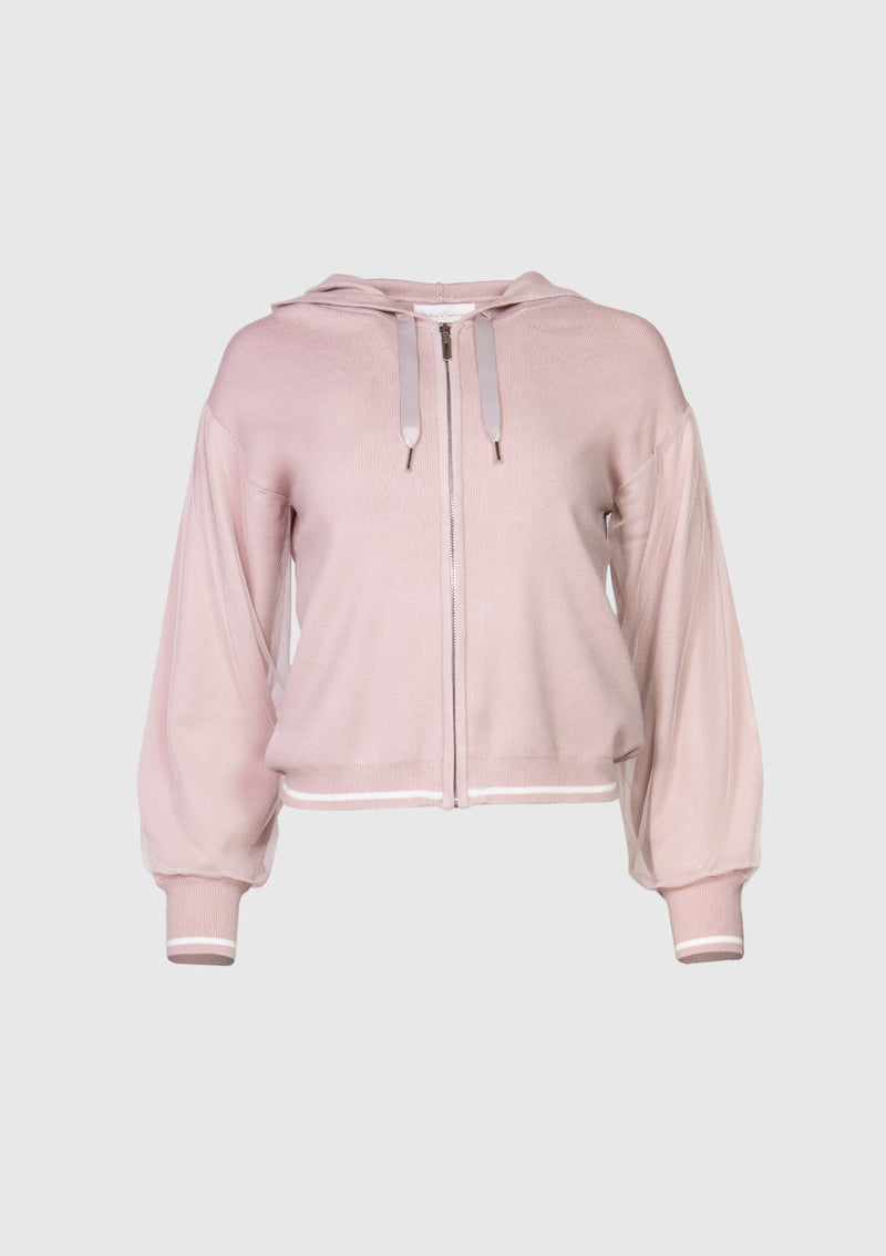 Rib-Trimmed Hoodie with Tulle Sleeves in Pink - LUMINE SINGAPORE