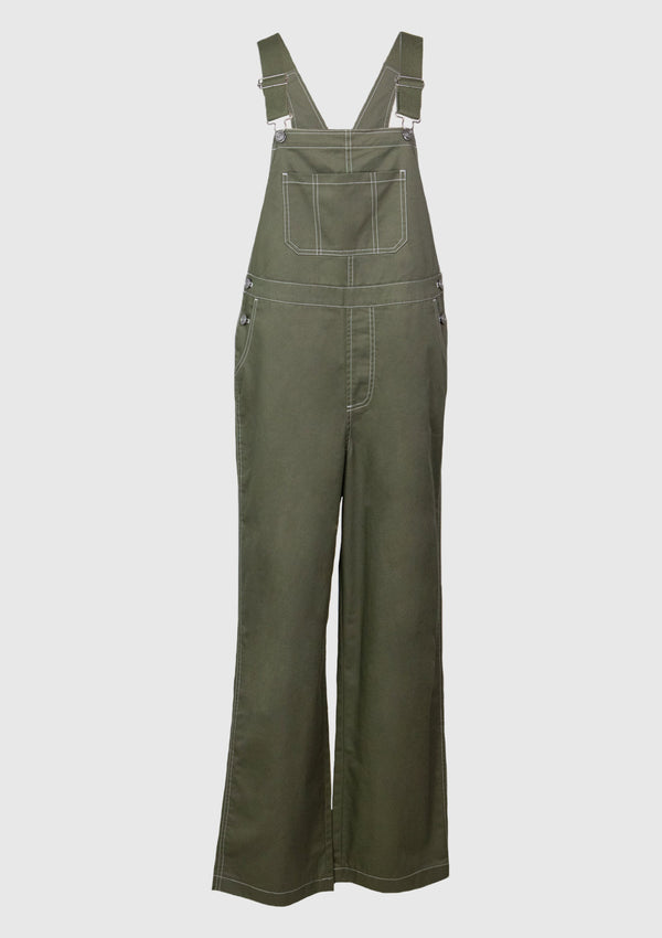 Contrast-Stitched Chino Dungarees in Khaki Green