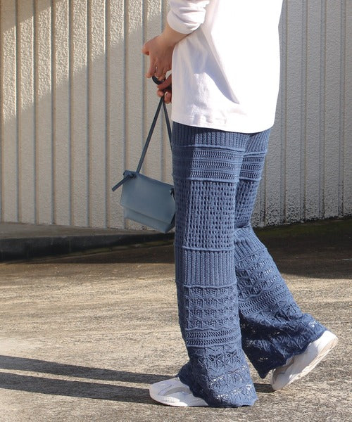 Patchwork-Style Knitted Pants in Blue