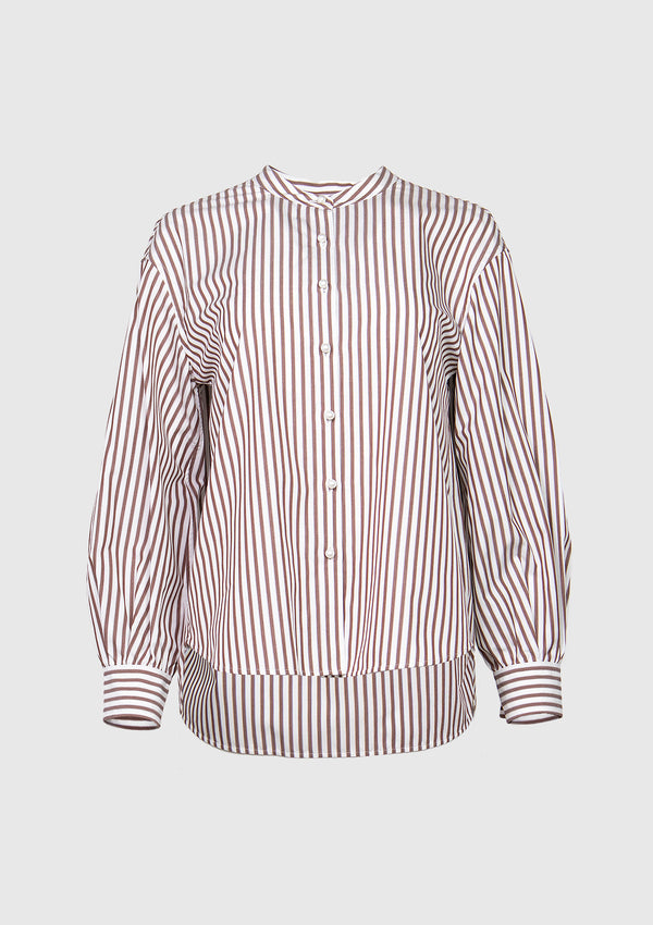 Puff-Sleeve Mandarin-Collared Shirt in Brown Stripe - LUMINE SINGAPORE