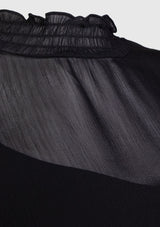 Long-Sleeve Shirred High-Neck Chiffon Blouse in Black - LUMINE SINGAPORE