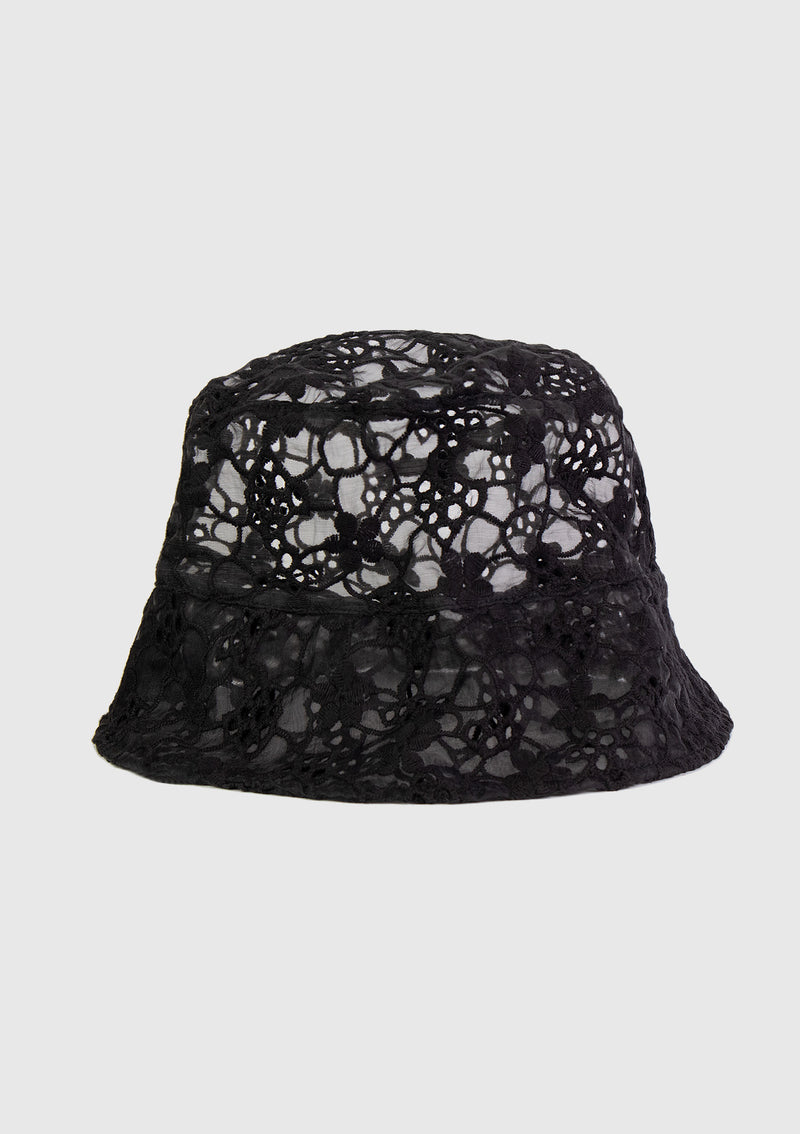 Sheer Floral Lace Bucket Hat in Black