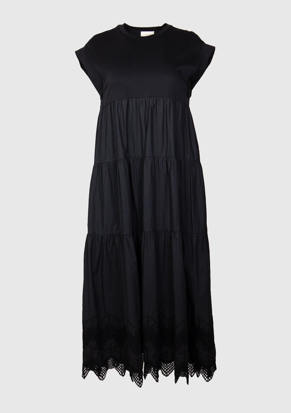 Lace-Hem Tiered Maxi Dress in Black