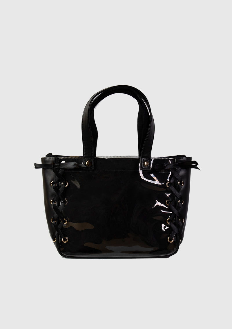Small Layered Lace-Up Vinyl Tote in Black