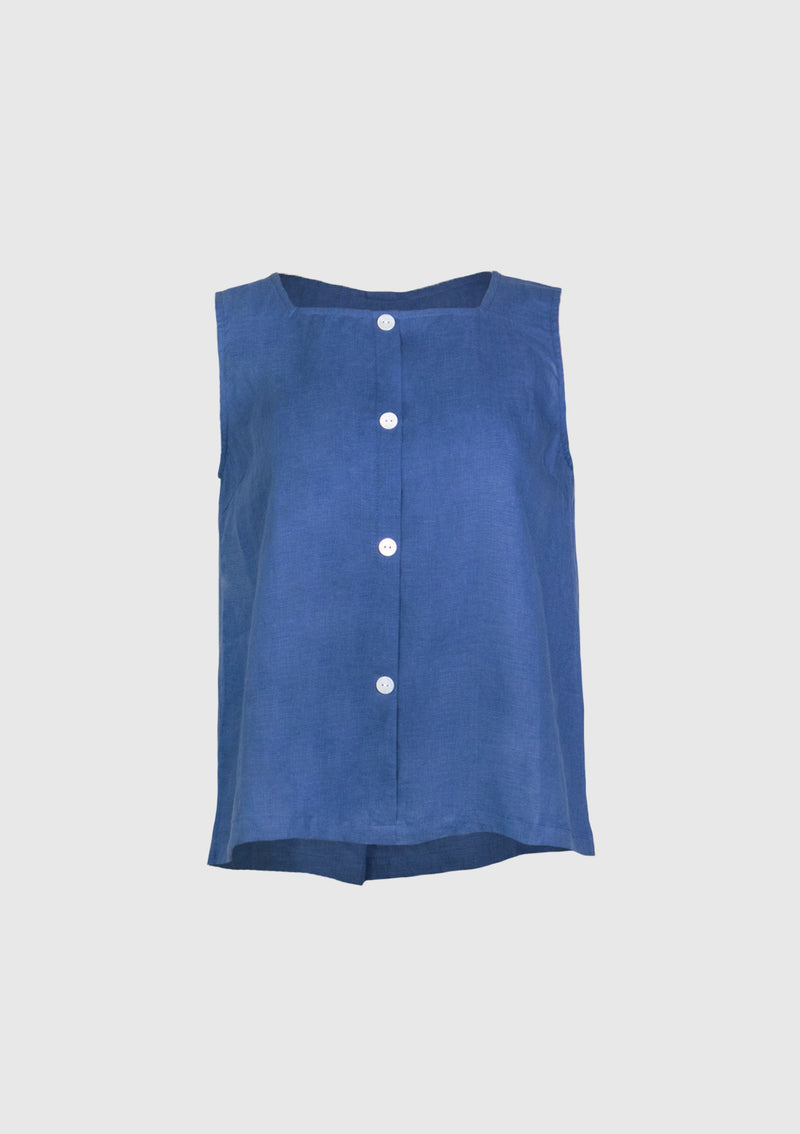 Square-Neck Sleeveless Button Blouse in Dark Blue