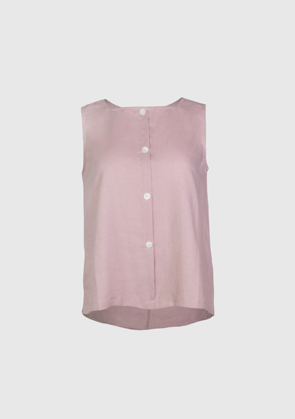Square-Neck Sleeveless Button Blouse in Dusty Pink