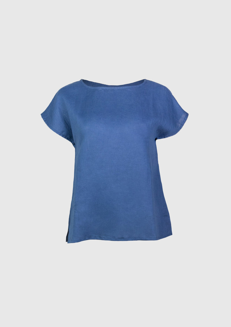 Wide-Neck Short-Sleeved Blouse in Dark Blue