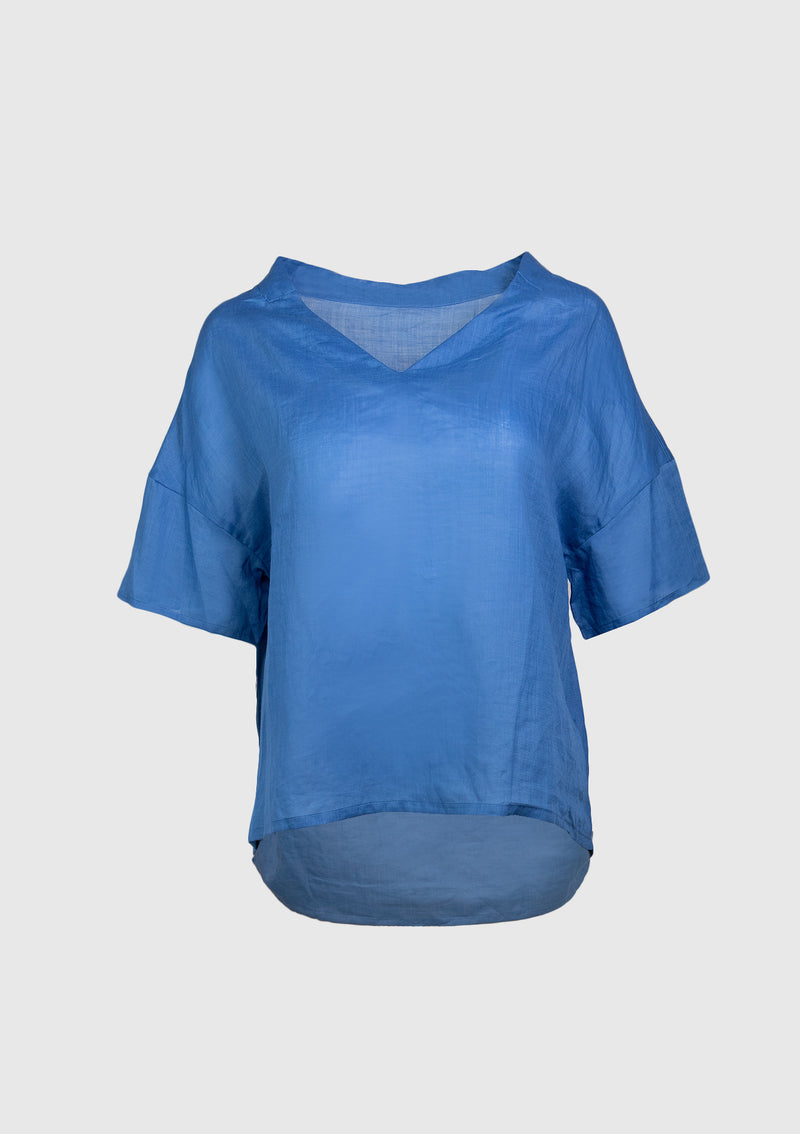 V-Neck Cocoon-Back Linen Blouse in Blue