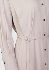 Band-Collar Tuck-Shoulder Shirt Dress in Beige